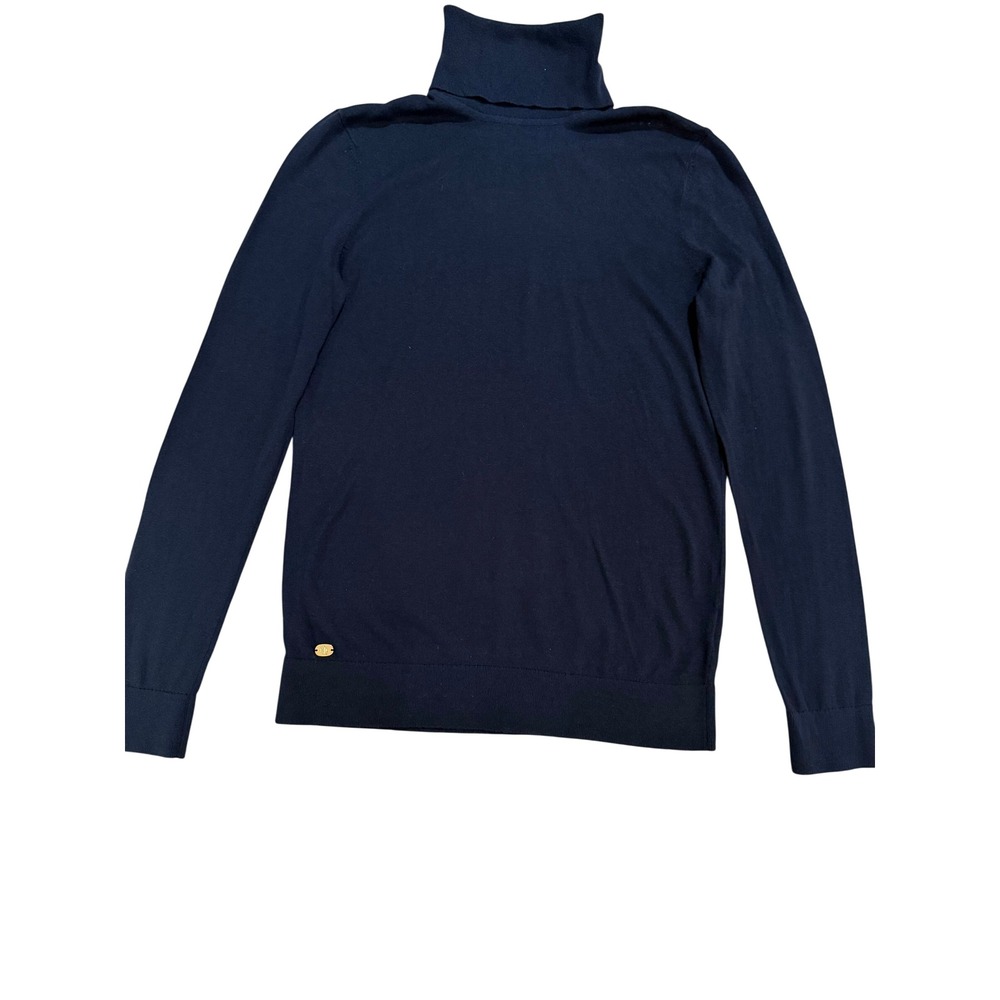 Lauren Ralph Lauren Silk Blend Turtleneck Sweater Navy Blue M Gold Logo Plaque